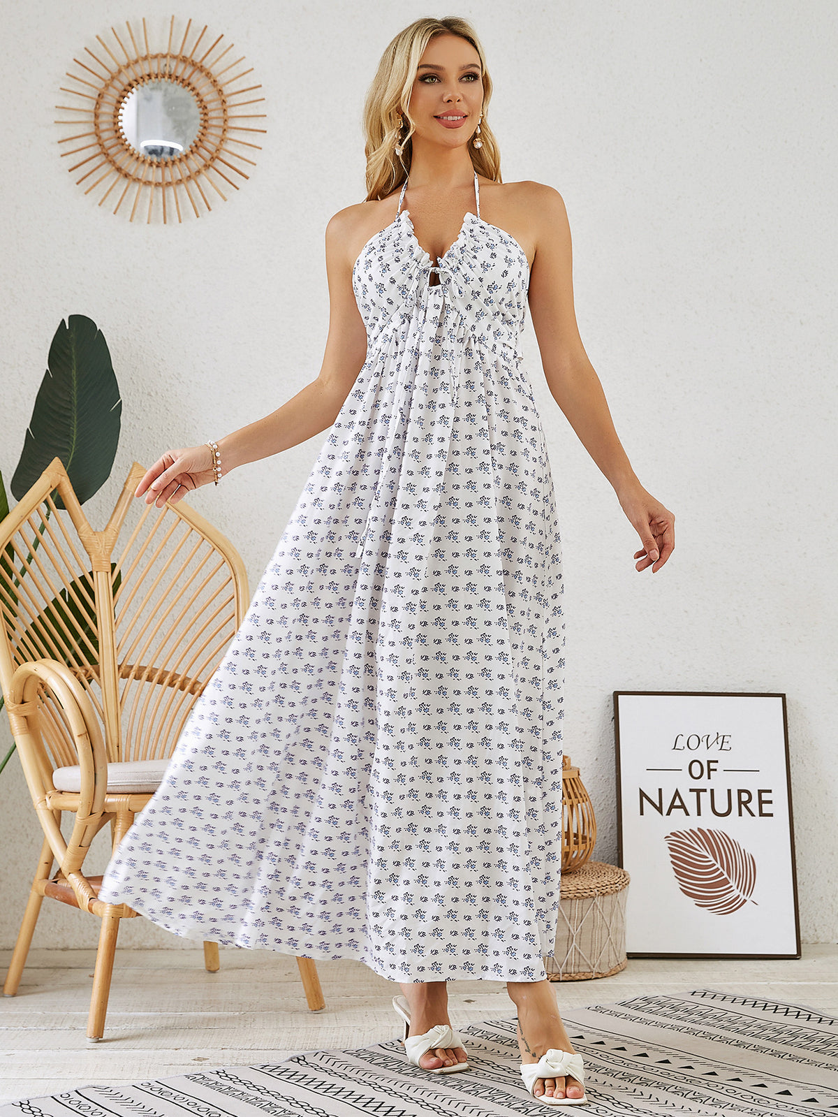 Bohemian Halter Dress - Women's Summer Sleeveless Flowy Beach Dress