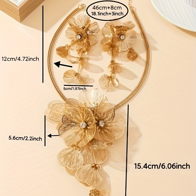 14K Gold plated on copper with sparkly accents to create this Elegant Flower necklace Set with Earrings - Fashion Accessory