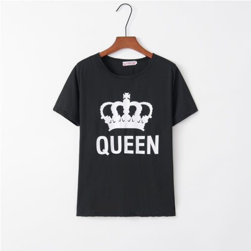 King Queen Letter Printed Black Tshirts Summer Casual Cotton Short Sleeve Tees Tops Brand Loose Couple Tops