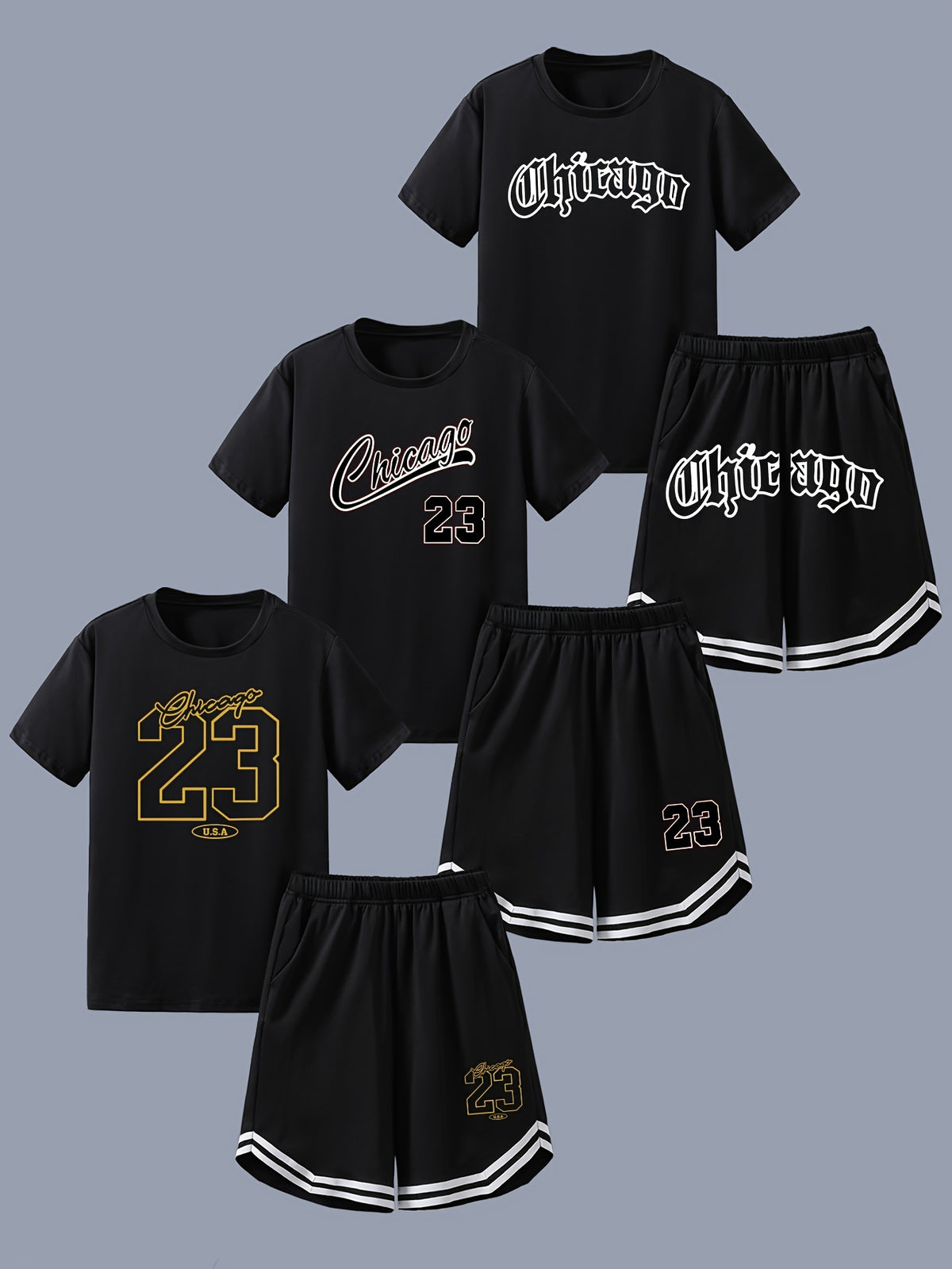 Random 1 Set - Boy's Fashion Co Ord Set With CHICAGO 23 Design Print, Comfy Short Sleeve T-shirt & Versatile Cozy Shorts Set, Ideal For Daily And Outdoor Wear