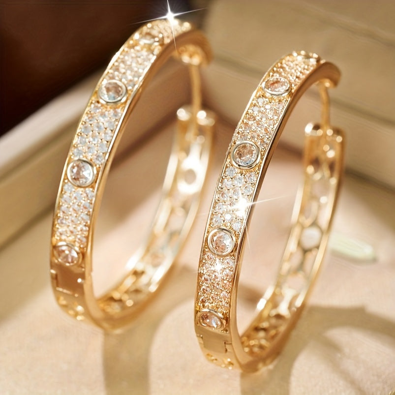 Elegant Luxury 18K Golden Plated Hoop Earrings with zirconia Inlay, Copper Material, St. Patrick'S Day Gift, Party & Banquet Accessory, All-Season Jewelry - 1 Pair Sparkling Hollow Round Design