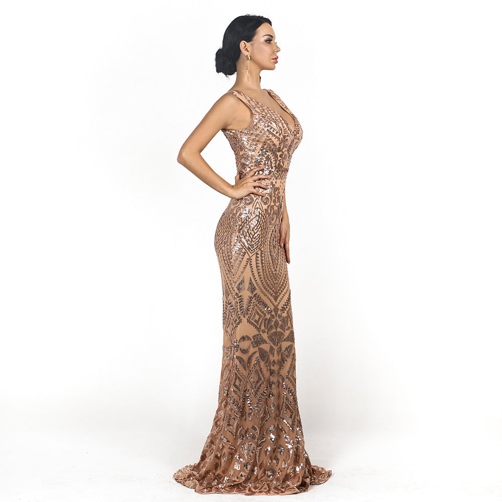 Retro Backless Elegant Extra-long Reflective Dress