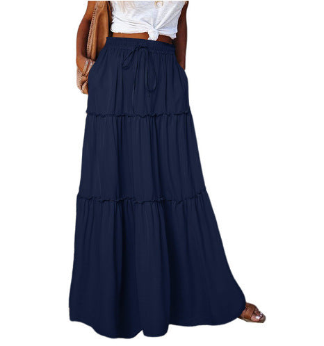 Women's Layered High Waist Elastic Lace-up Skirt With Wooden Ears