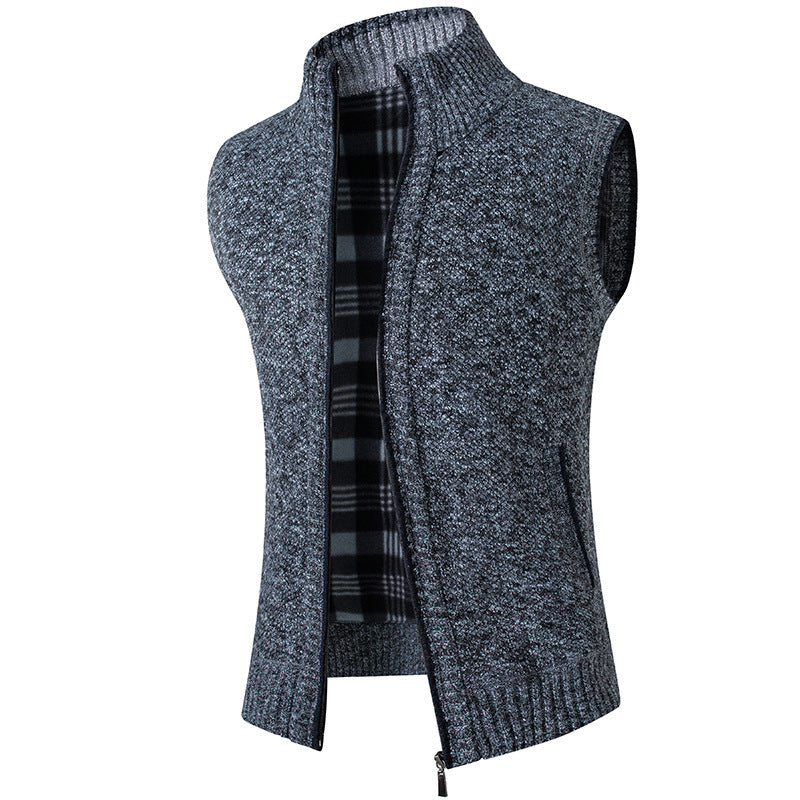 Cardigan Sweater Vest Man Stand Collar Fleece-lined Thickened Coat