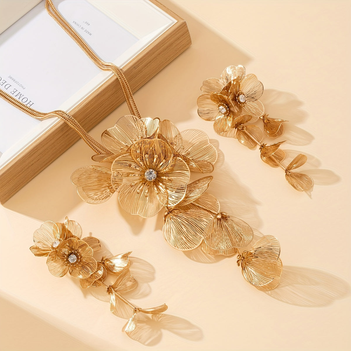 14K Gold plated on copper with sparkly accents to create this Elegant Flower necklace Set with Earrings - Fashion Accessory