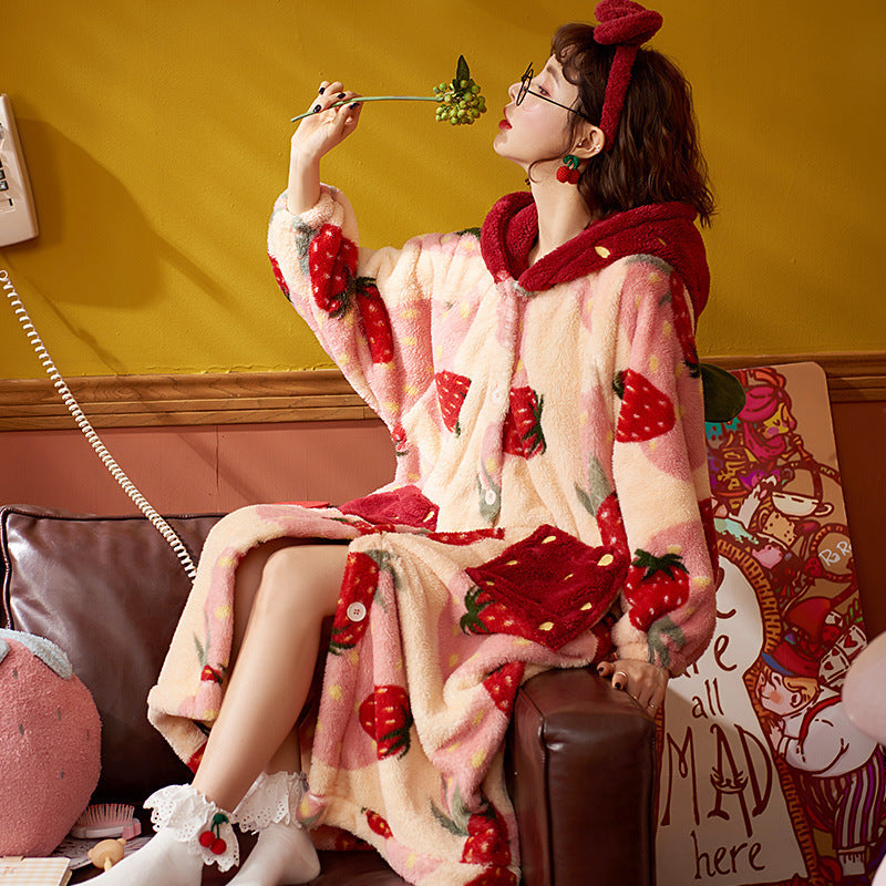 Winter Fleece-lined Thickened Pajamas Can Be Worn Outside Long