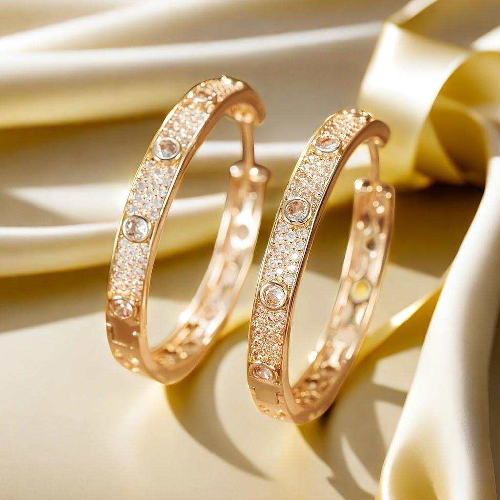 Elegant Luxury 18K Golden Plated Hoop Earrings with zirconia Inlay, Copper Material, St. Patrick'S Day Gift, Party & Banquet Accessory, All-Season Jewelry - 1 Pair Sparkling Hollow Round Design