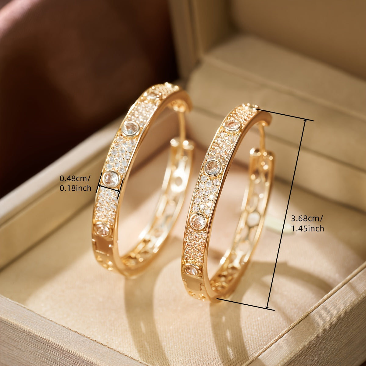 Elegant Luxury 18K Golden Plated Hoop Earrings with zirconia Inlay, Copper Material, St. Patrick'S Day Gift, Party & Banquet Accessory, All-Season Jewelry - 1 Pair Sparkling Hollow Round Design