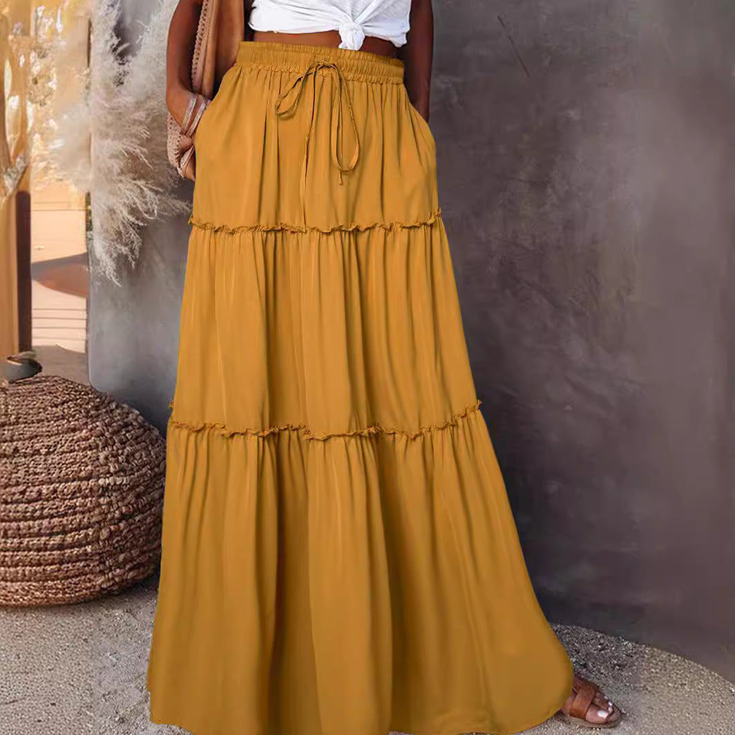 Women's Layered High Waist Elastic Lace-up Skirt With Wooden Ears