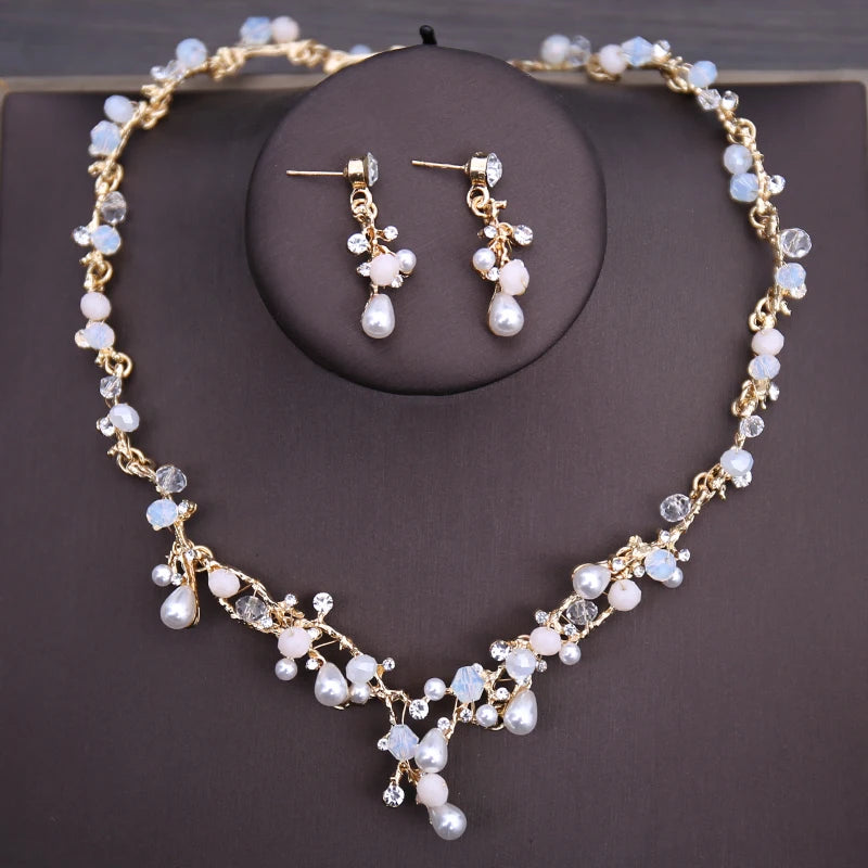 Pearl Floral Rhinestone Necklace Earrings & Tiara Set