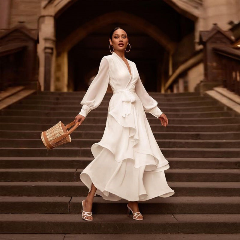 Long Sleeve Ruffles Elegant Dresses For Women White Dress Layered Woman Clothes Casual