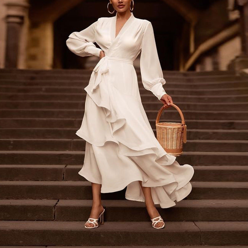 Long Sleeve Ruffles Elegant Dresses For Women White Dress Layered Woman Clothes Casual