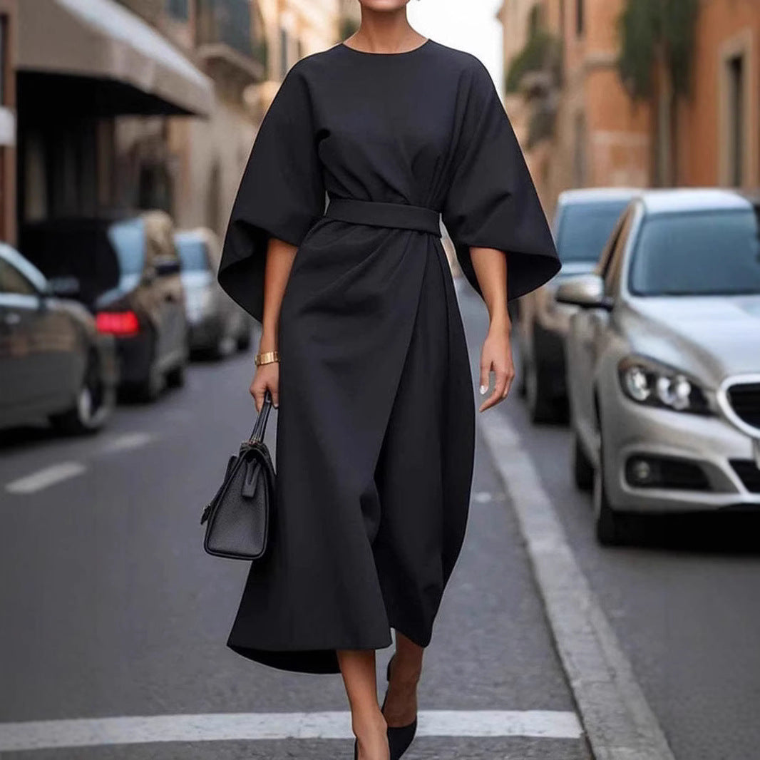 Eva Loose Sleeve Dress Fashion Waist-tighted Solid Color Elegant Dresses For Women Clothing