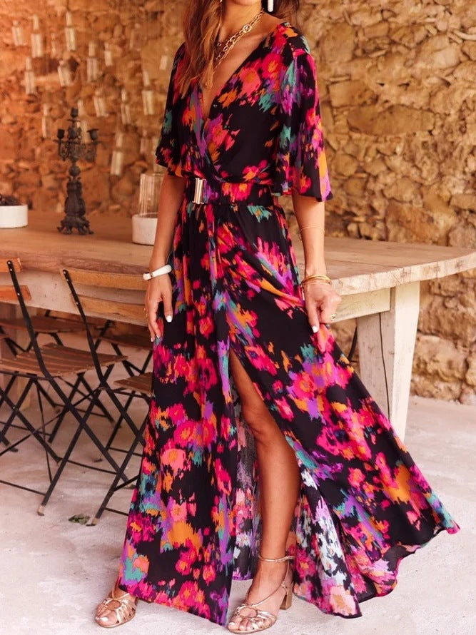 European And American Printing Temperament Short Sleeve Dress