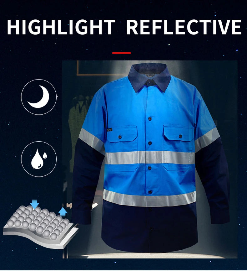 Hi Vis Shirt Safety Work Shirt Cotton Workwear Long Sleeve Reflective Shirt Men Construction