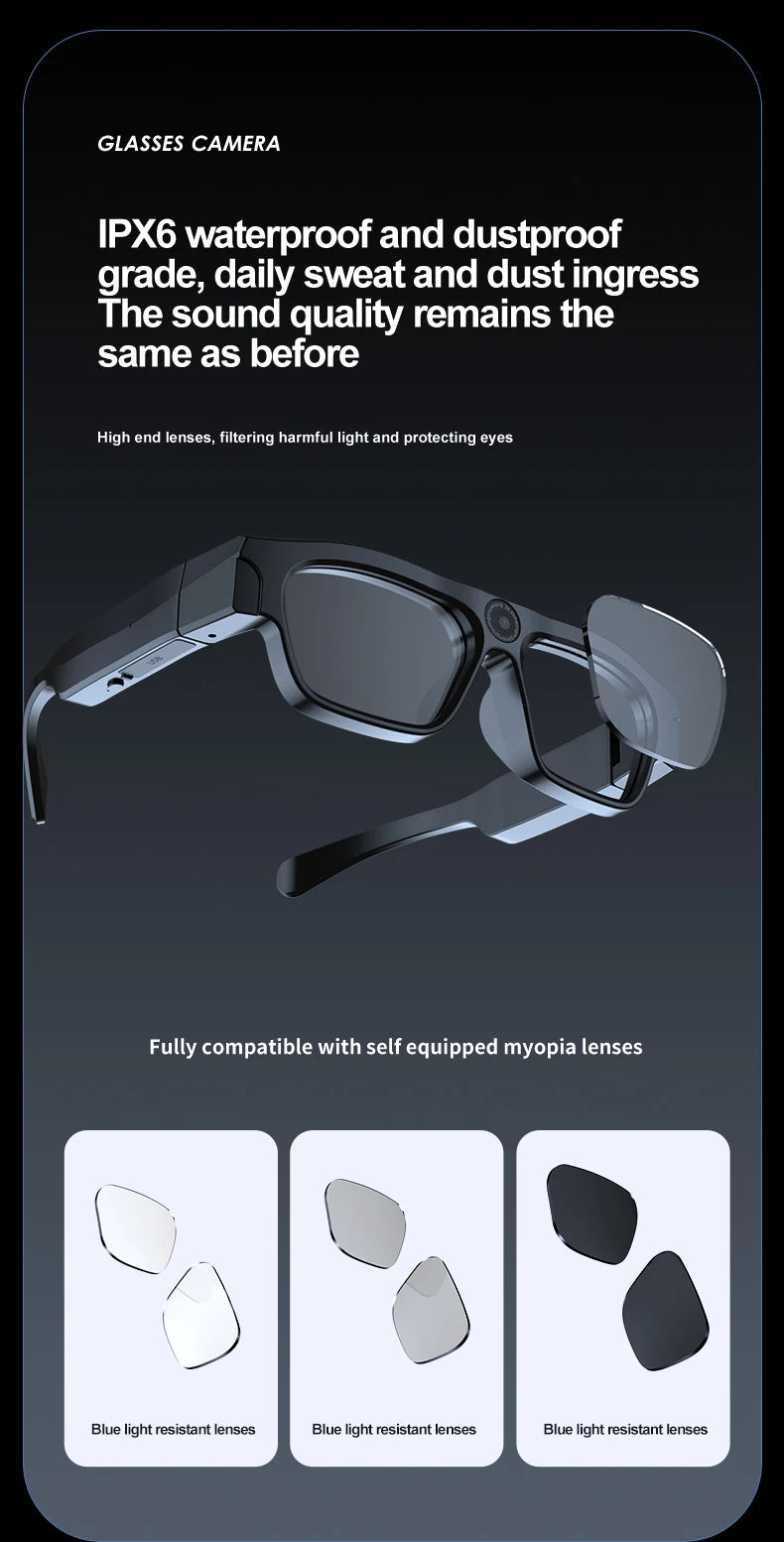 Bluetooth glasses with APP application, 4K high-definition glasses recorder, mini sports glasses camera, polarized sunglasses