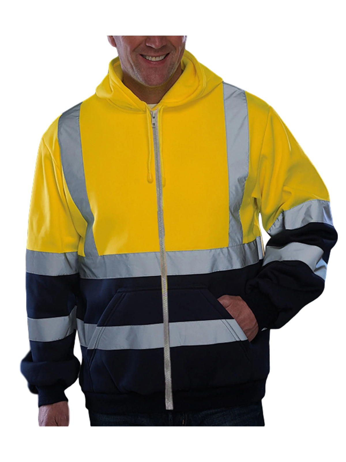 Mens High Visibility Jacket Long Sleeve Zipper Hooded Coat Hi-Vis Safety Reflective Sweatshirt