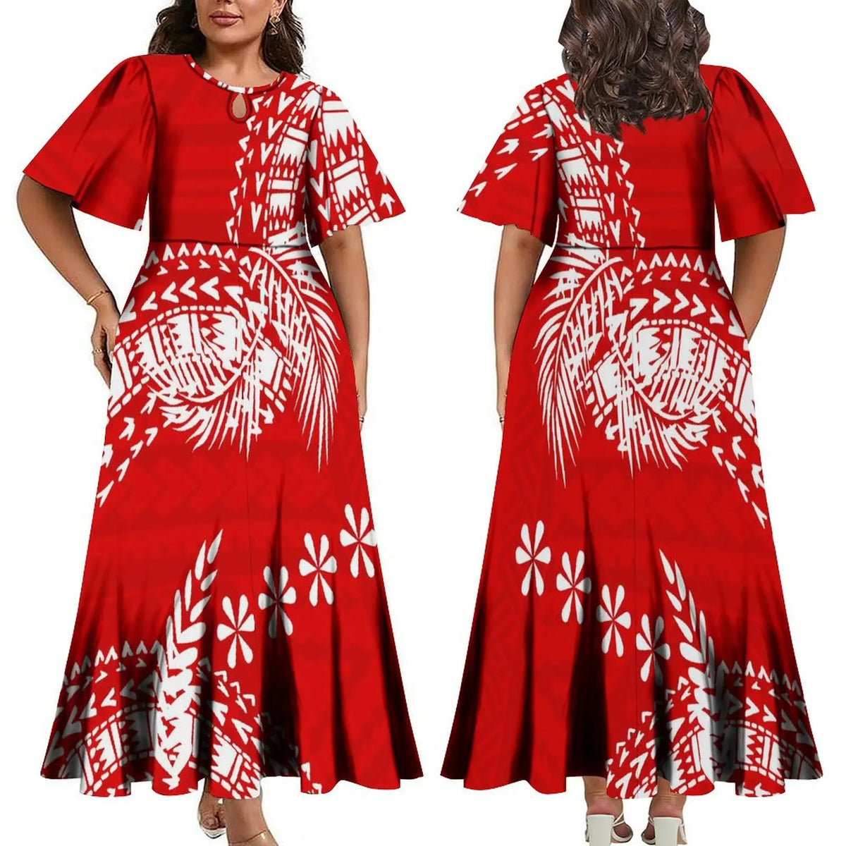 Women Elegant Plus Size Midi Pleated Polynesian Crew Neck Short Sleeve Dress