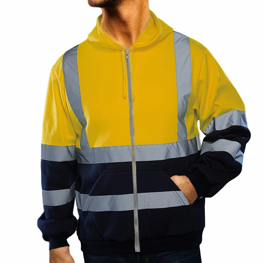 Mens High Visibility Jacket Long Sleeve Zipper Hooded Coat Hi-Vis Safety Reflective Sweatshirt
