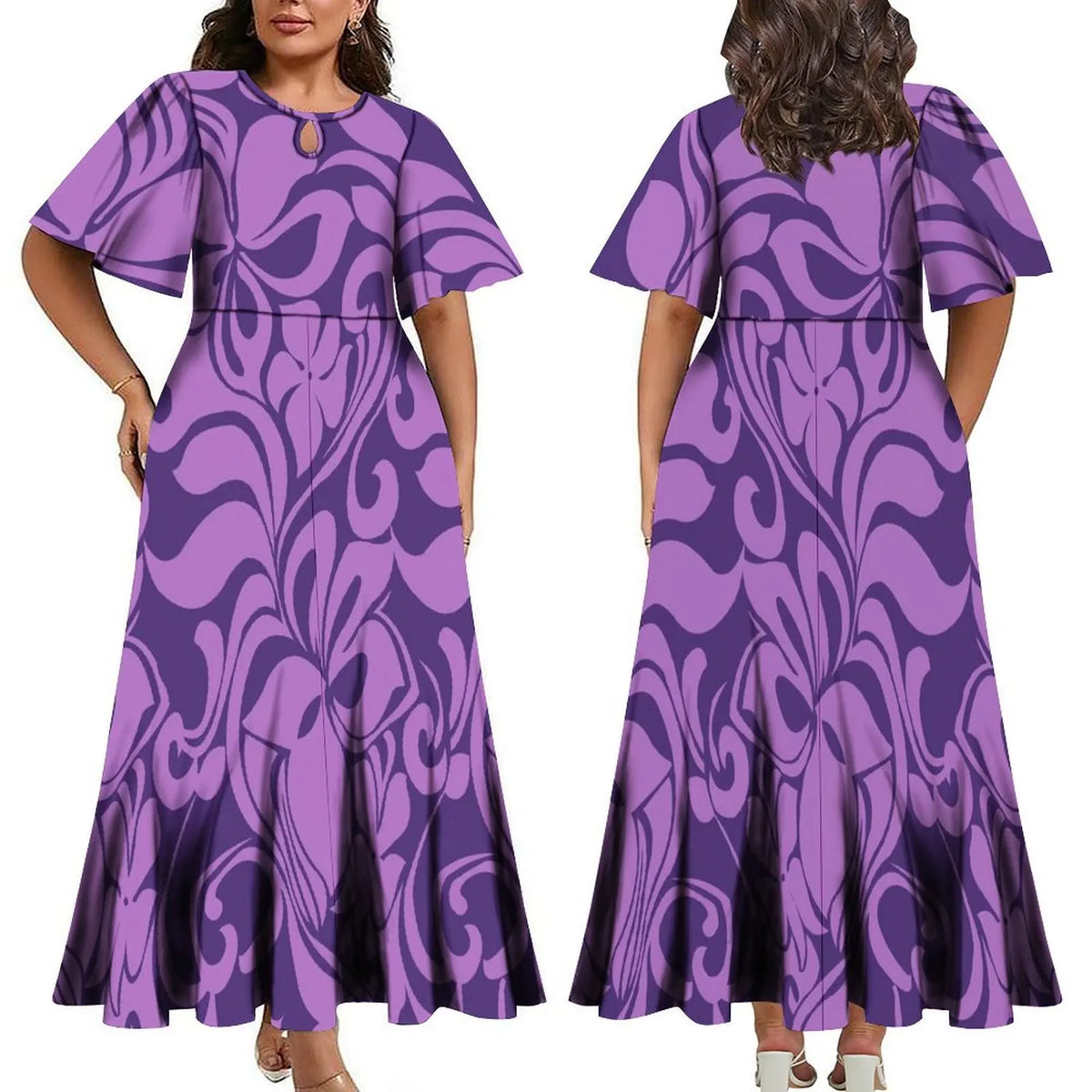 Women Elegant Plus Size Midi Pleated Polynesian Crew Neck Short Sleeve Dress