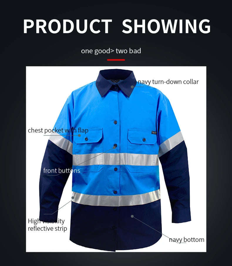 Hi Vis Shirt Safety Work Shirt Cotton Workwear Long Sleeve Reflective Shirt Men Construction