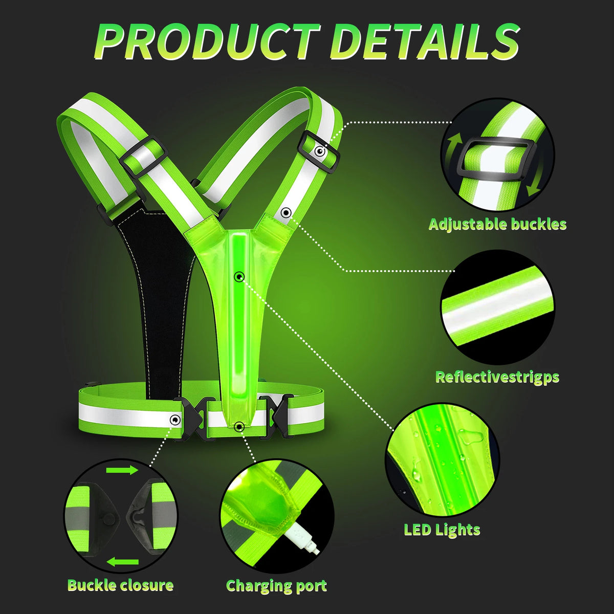 Reflective Vest Adjustable Clothing High-Visibility Safety 3 Lighting Modes LED Running Gear Children Night Men