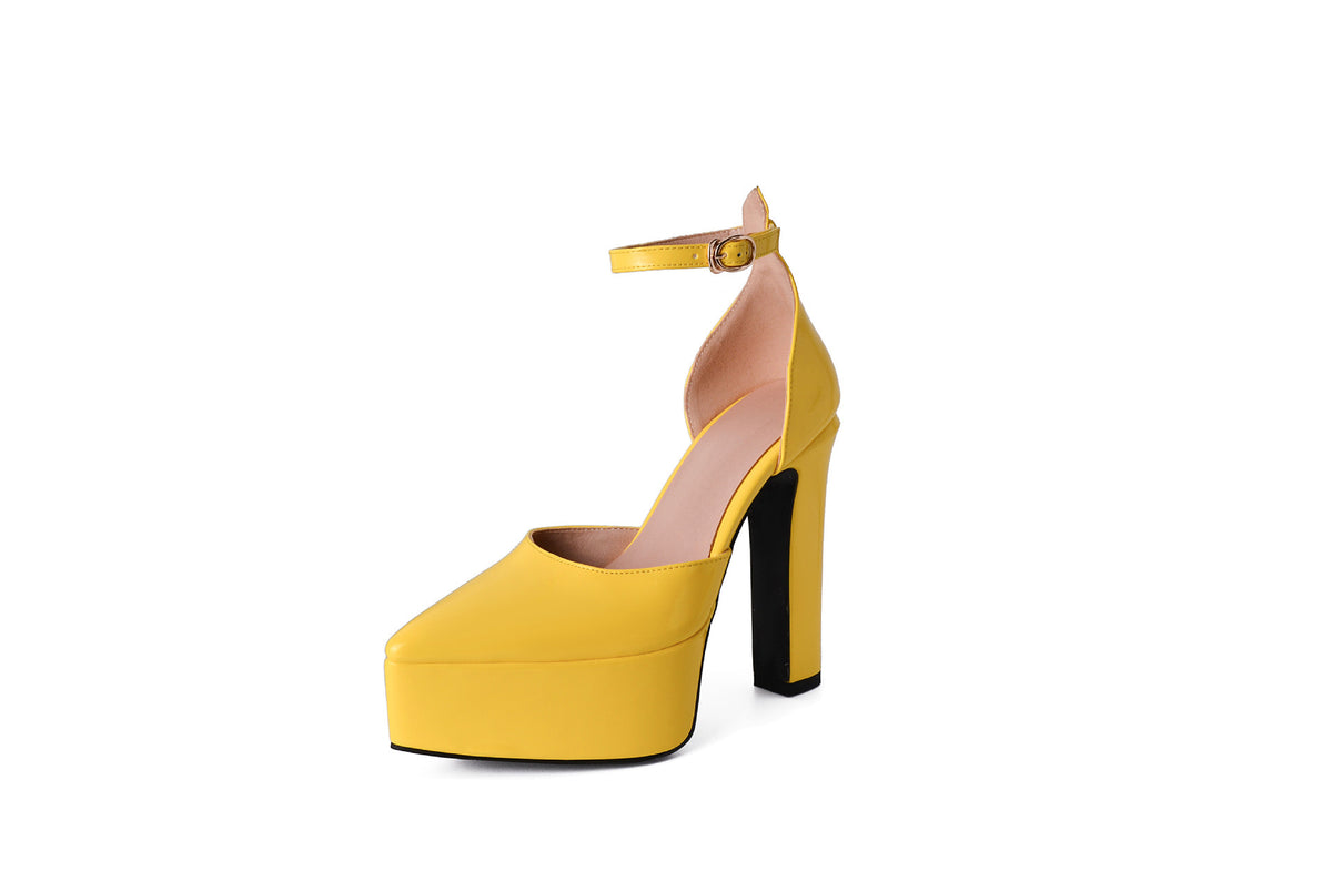 Pointed Patent Leather Buckle Hollow Chunky Heel Sandals