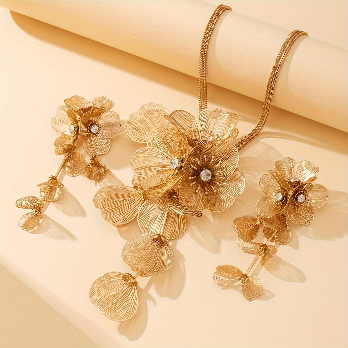 14K Gold plated on copper with sparkly accents to create this Elegant Flower necklace Set with Earrings - Fashion Accessory