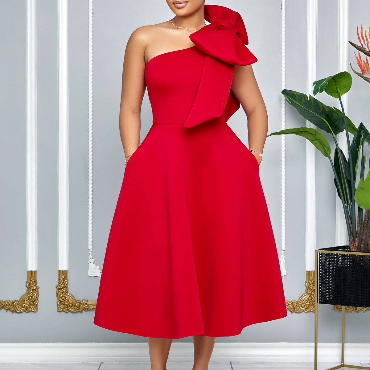 Uasimoa Oblique Shoulder Bow Party Dress