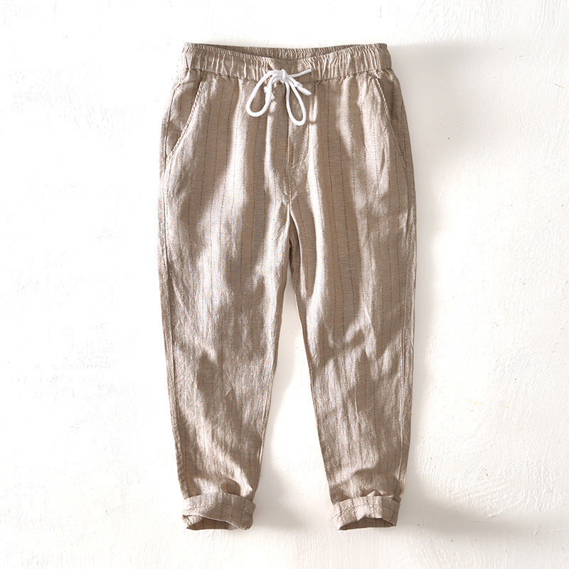 Summer Menswear Cotton Linen Stripes Pants Loose