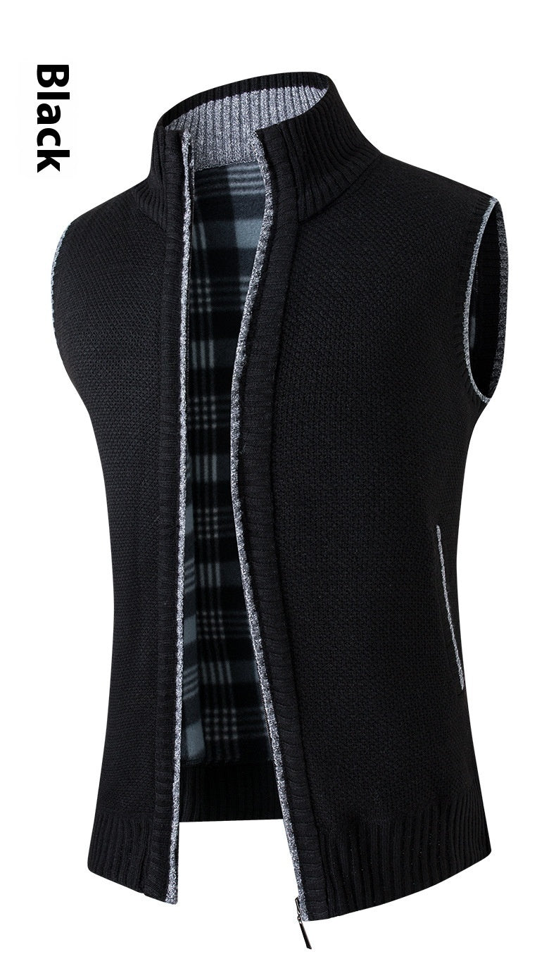 Cardigan Sweater Vest Man Stand Collar Fleece-lined Thickened Coat