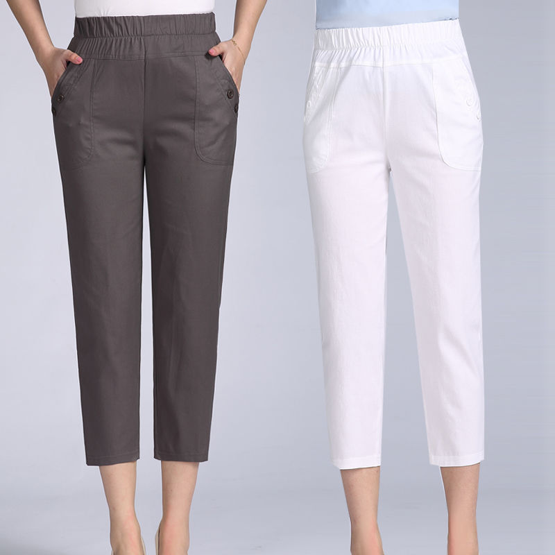 Thin Cotton Cropped Summer Elastic Waist Women's Pants