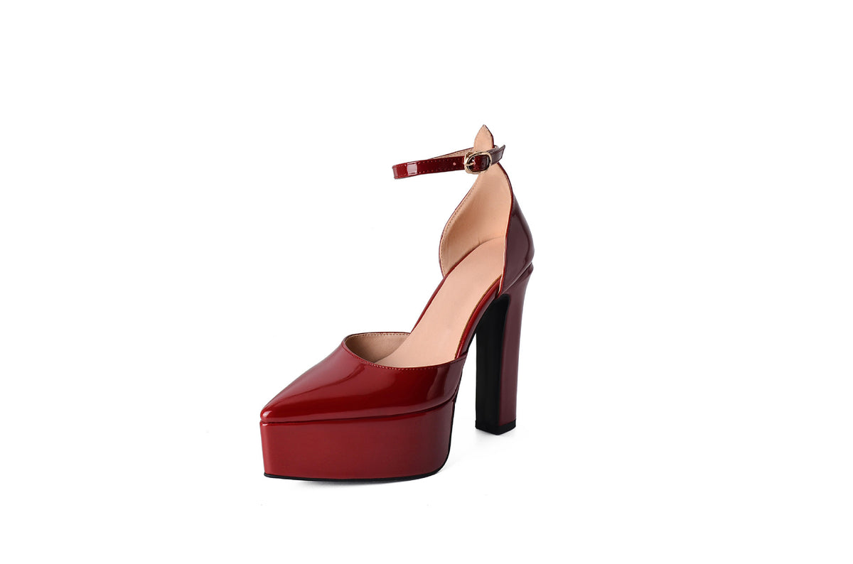 Pointed Patent Leather Buckle Hollow Chunky Heel Sandals