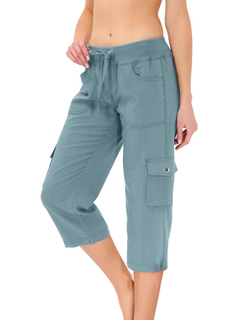 Women's Solid Color Drawstring Fitness Running Cropped Pants
