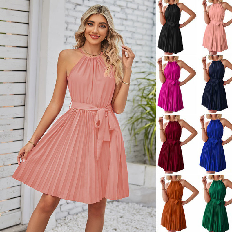Halter Fala Strapless Dresses For Women Solid Pleated Skirt Summer Beach Sundress