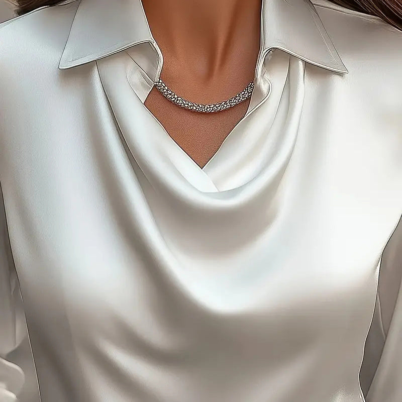 Women's Elegant Long Sleeve Blouse - Solid Color Lapel Top With Ruched Chest Detail Office & Casual Wear For Spring Fall