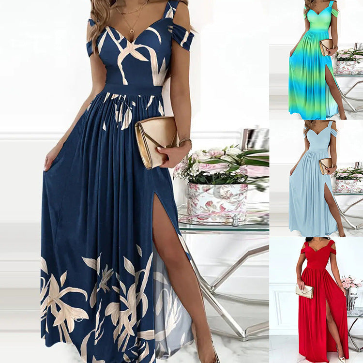V-neck Spaghetti Strap Dress Women Split Long Flowy Dresses For Party Beach