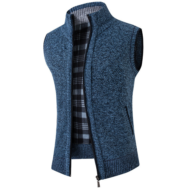 Cardigan Sweater Vest Man Stand Collar Fleece-lined Thickened Coat