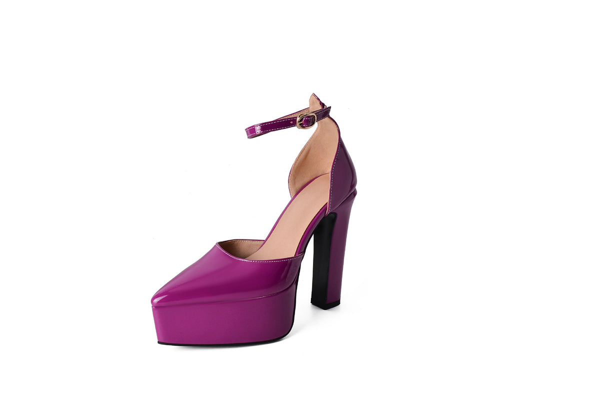 Pointed Patent Leather Buckle Hollow Chunky Heel Sandals