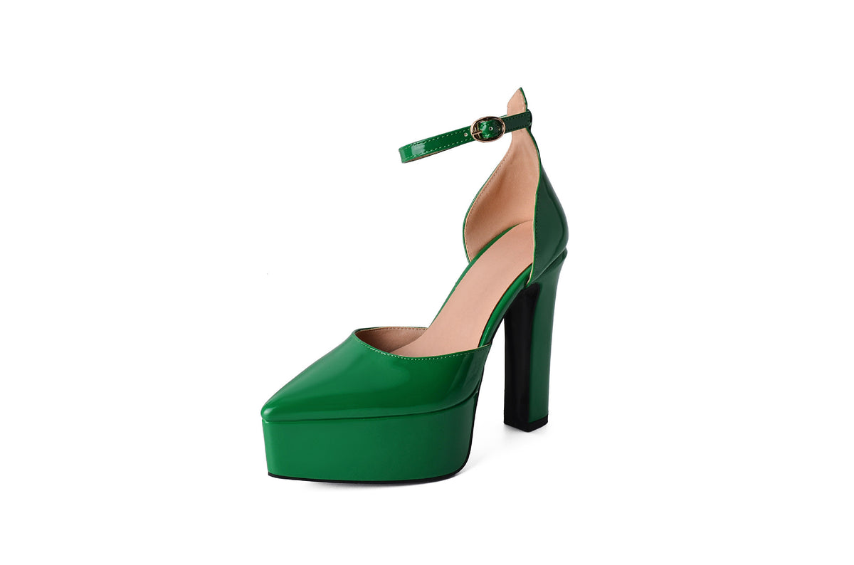 Pointed Patent Leather Buckle Hollow Chunky Heel Sandals