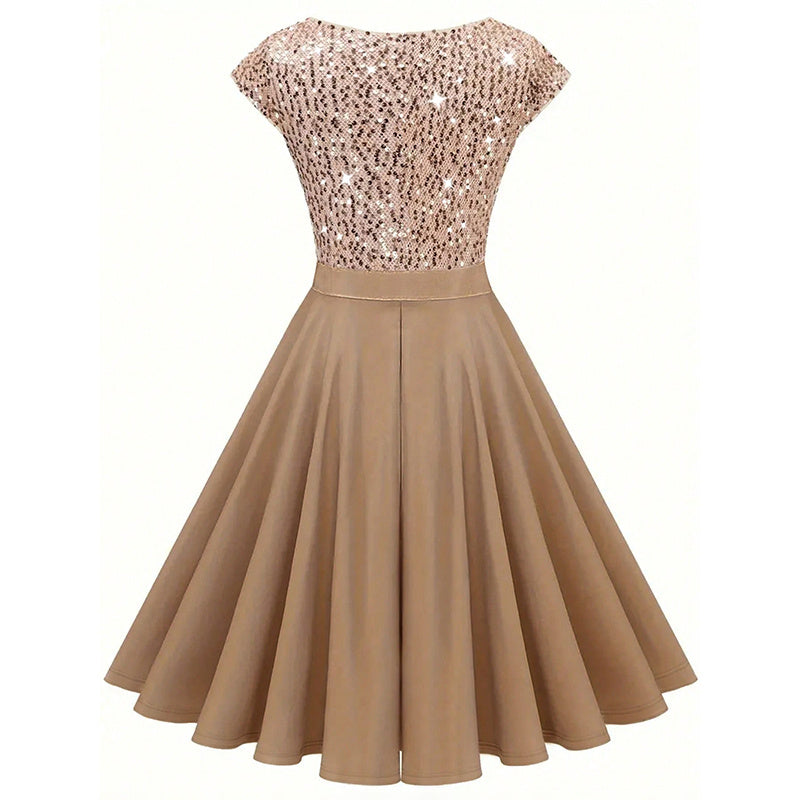 Women's Elegant Sequin V Neck Cap Sleeves Pleated Evening Cocktail Dress