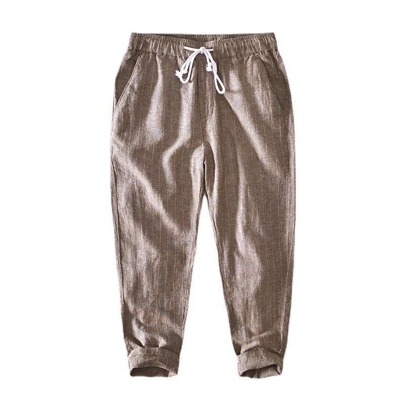 Summer Menswear Cotton Linen Stripes Pants Loose