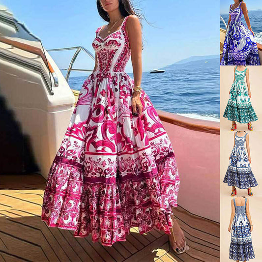 Printed Sleeveless Dress Fashion Temperament Spaghetti Waist-controlled Large Hem Dresses For Women