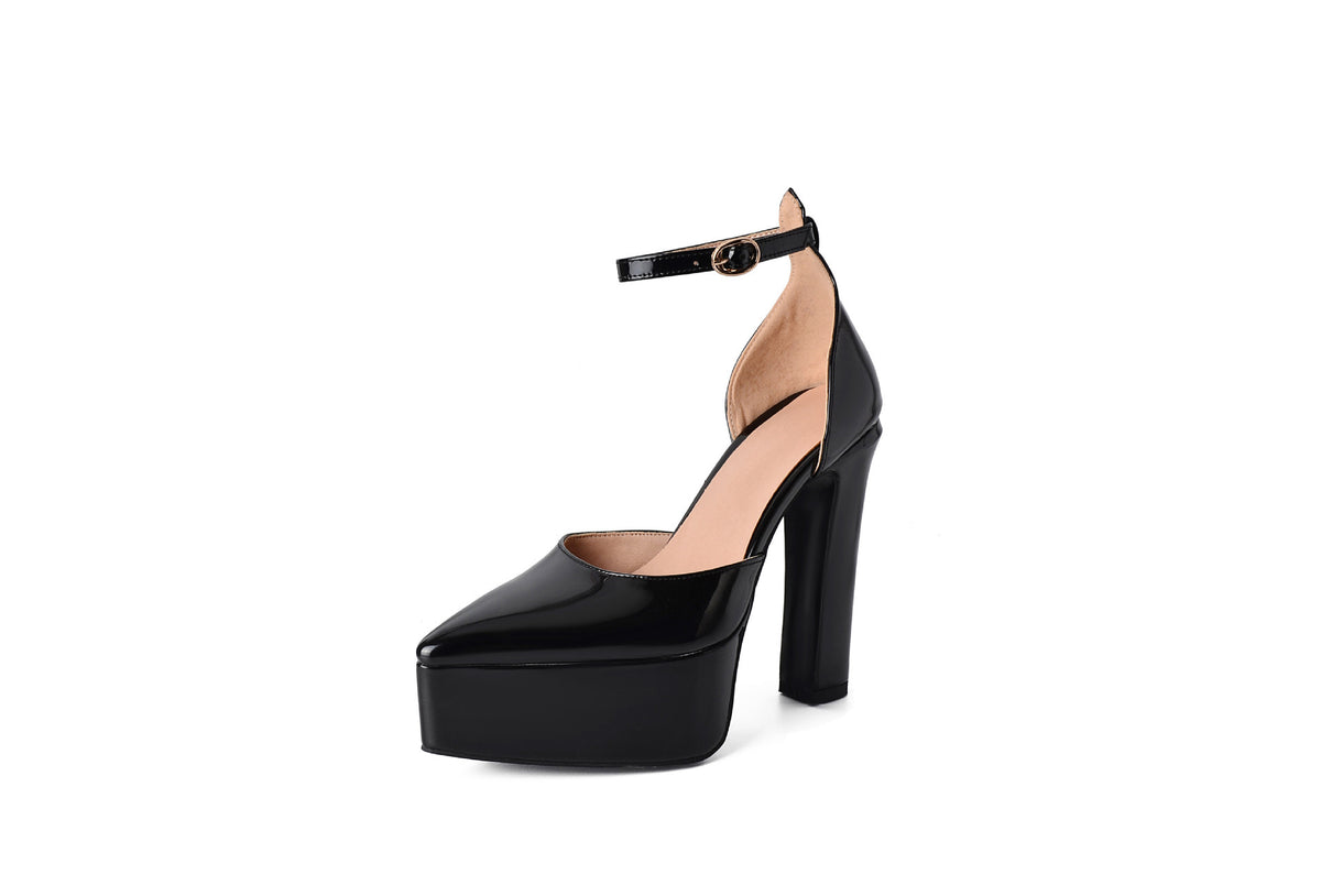 Pointed Patent Leather Buckle Hollow Chunky Heel Sandals