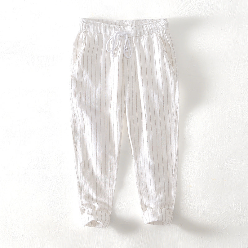 Summer Menswear Cotton Linen Stripes Pants Loose