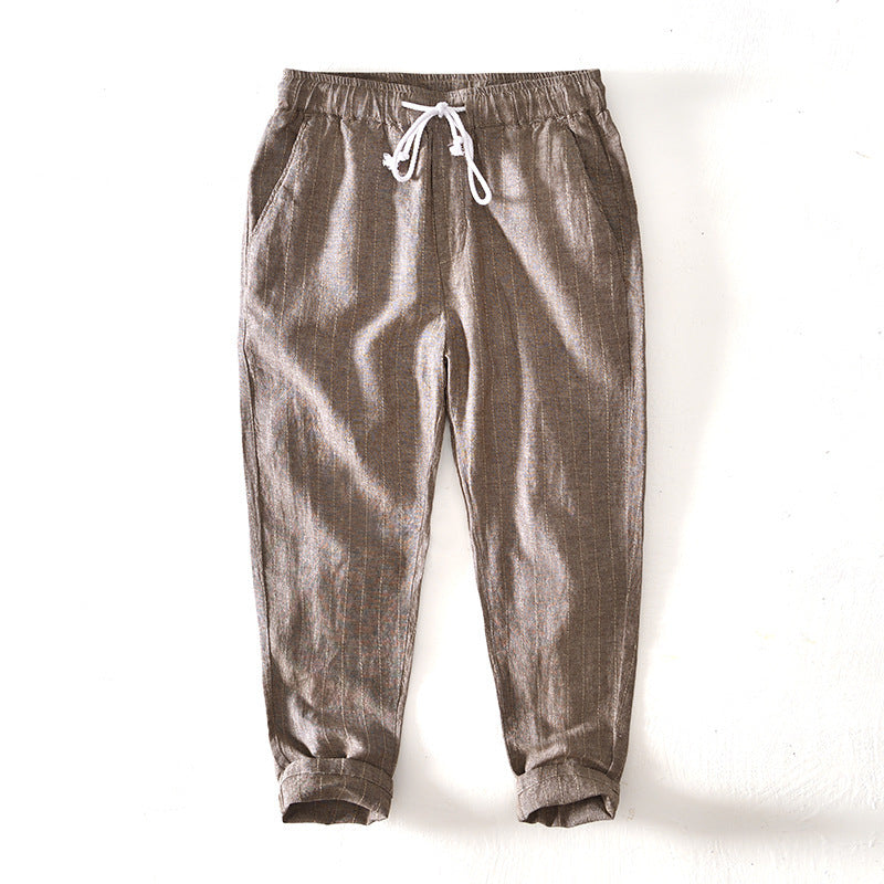 Summer Menswear Cotton Linen Stripes Pants Loose