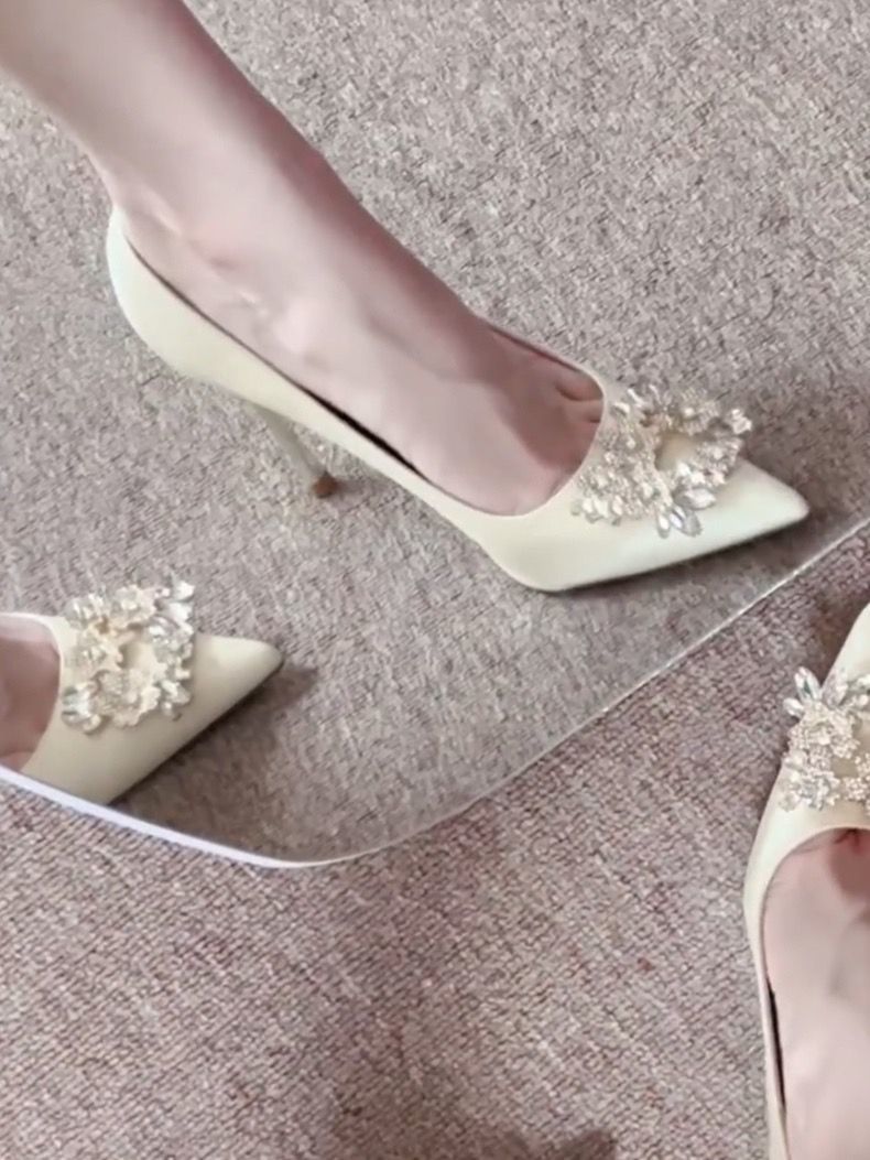 Champagne Bridal Shoes Rhinestones Square Buckle Slim Heels