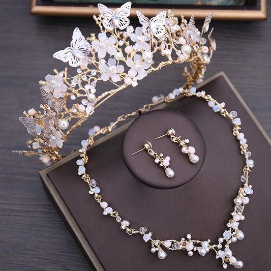 Pearl Floral Rhinestone Necklace Earrings & Tiara Set