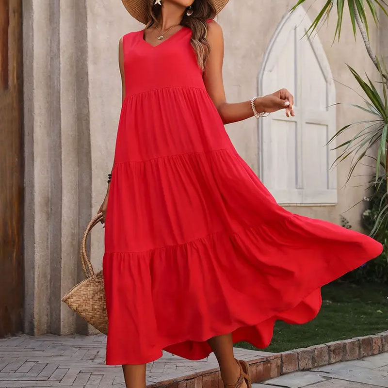 Women's Summer Solid Color And V-neck Layered Stitching Loose Dress