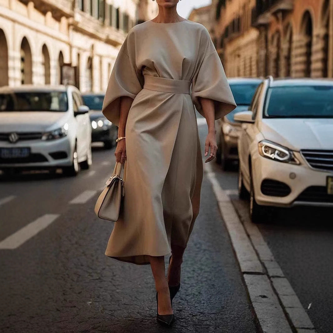Eva Loose Sleeve Dress Fashion Waist-tighted Solid Color Elegant Dresses For Women Clothing